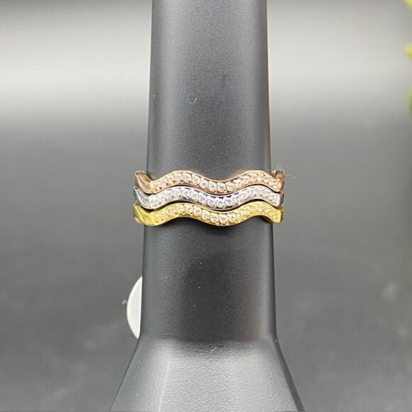 Elegant Gold, Rose Gold and Silver Mixed Metal Wave Ring Set - Picture 1 of 6